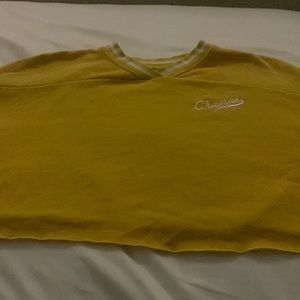 I’m selling a yellow crop top sweater that says champs!